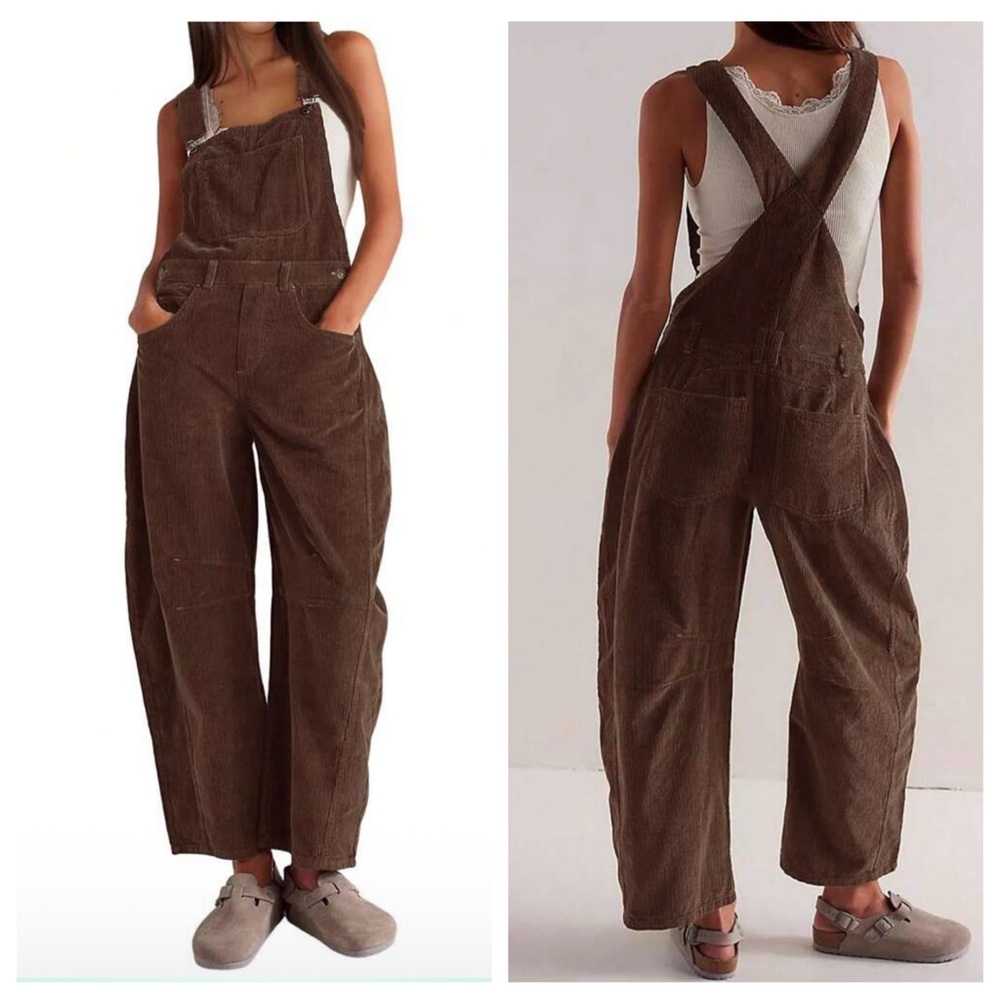 Chocolate Brown Soft Barrel Leg Overalls with Pockets